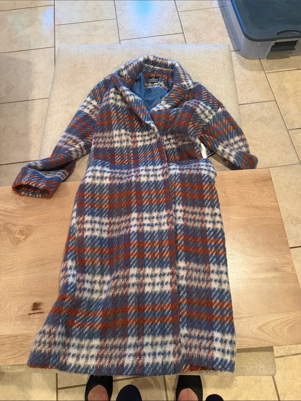 Angie Plaid Wool-Blend Coat in Blue, Rust & Cream